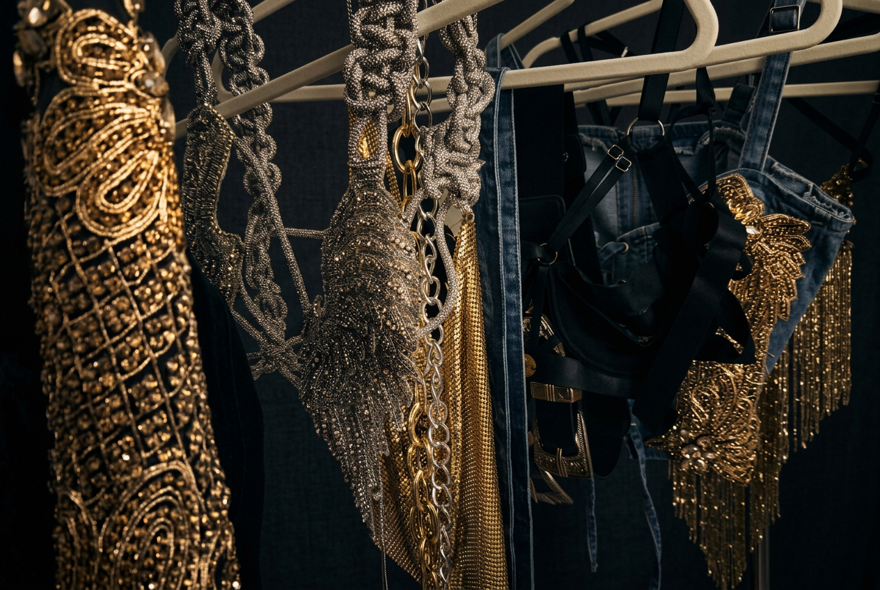 Santana Luxe Label garment rack with hand-embroidered gold and crystal pieces, beaded fringe and embellished denim