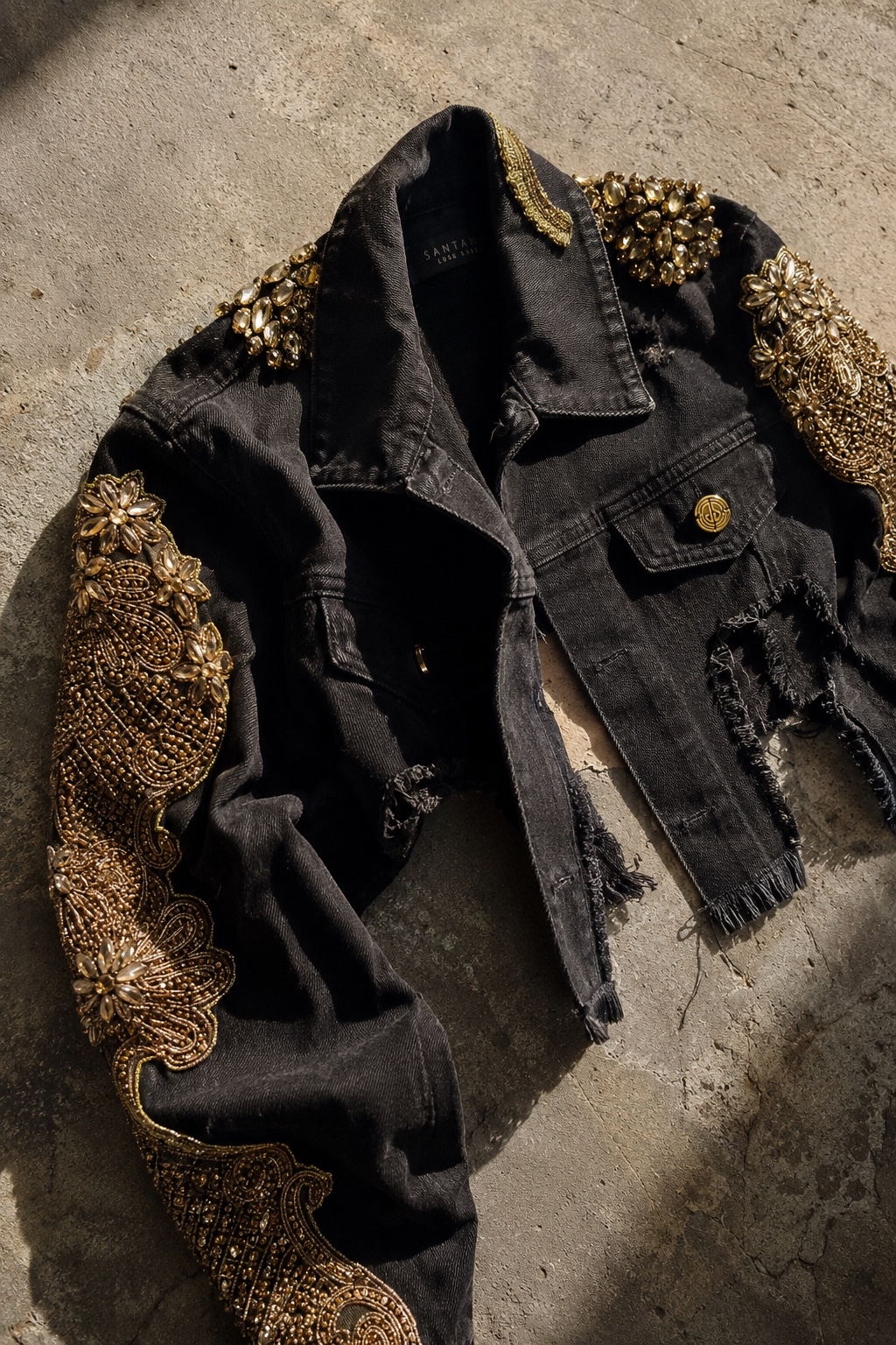 Anubis Jacket by Santana Luxe Label — black denim jacket with gold hand embroidered crystal shoulder embellishment