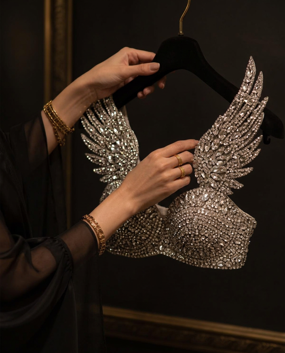 Hands holding the Venus Bralette by Santana Luxe Label — crystal winged bralette on a hanger during a private fitting