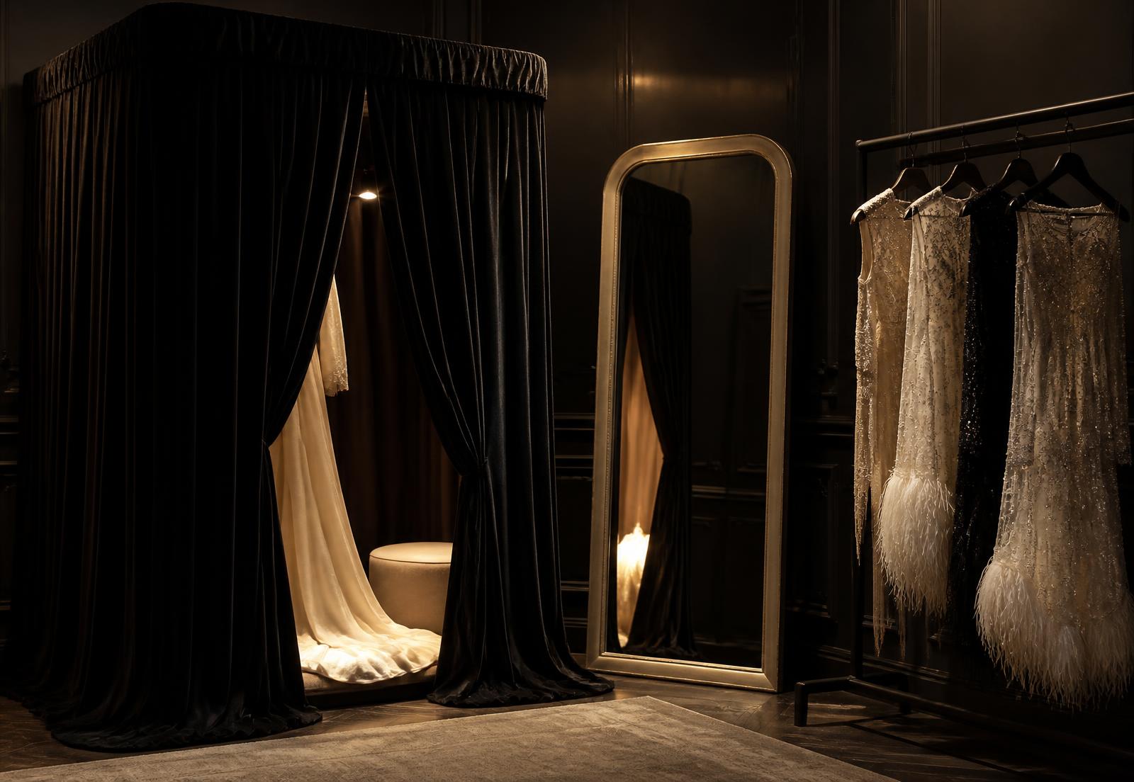 A private Santana Luxe Label atelier installed in a client's space — black velvet fitting enclosure, gold full-length mirror and a curated rack of embellished pieces