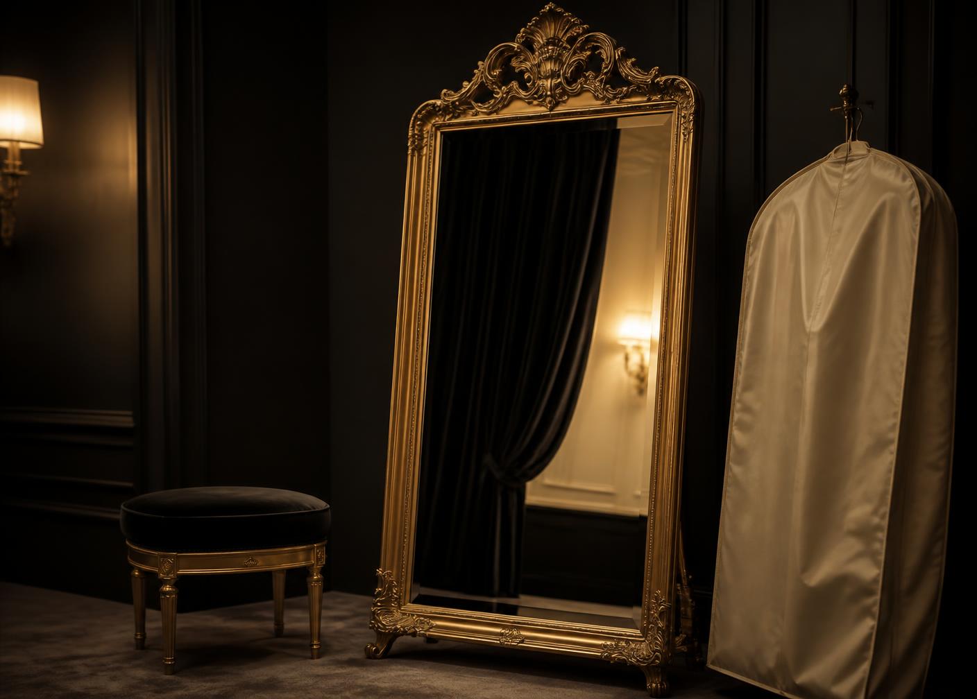 Gold full-length mirror and velvet stool in a private fitting setting